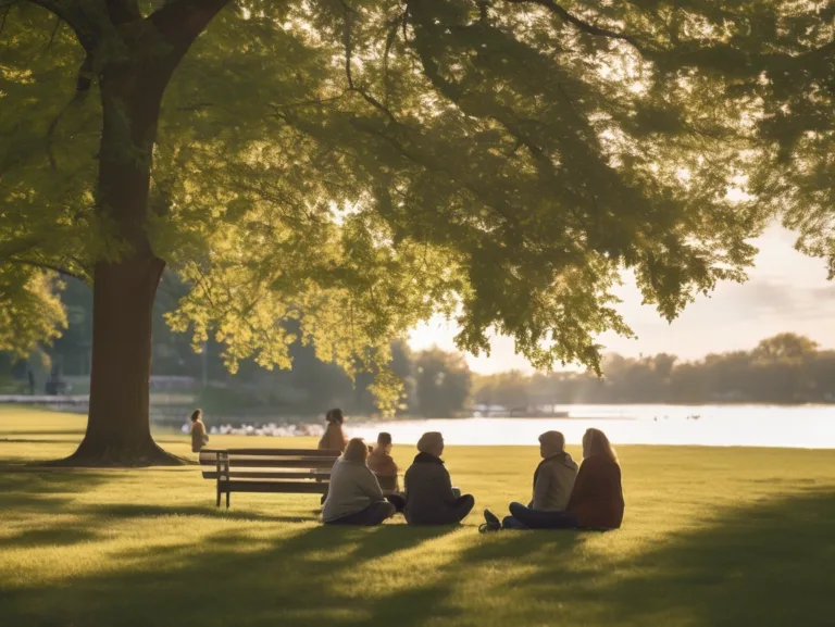 Group of people sitting under a tree in a park near a lake, participating in an outdoor support group.