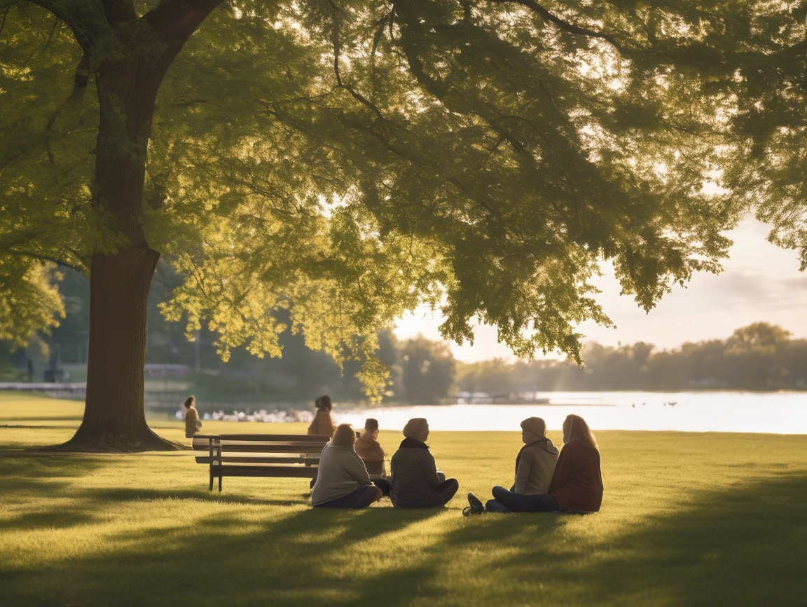 Group of people sitting under a tree in a park near a lake, participating in an outdoor support group.