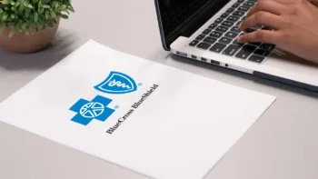 Blue Cross Blue Shield paperwork next to laptop, symbolizing questions about therapy coverage in Michigan