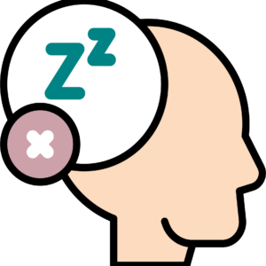 llustration of a head with a thought bubble containing “Zzz” and a crossed-out symbol, representing insomnia and sleep challenges