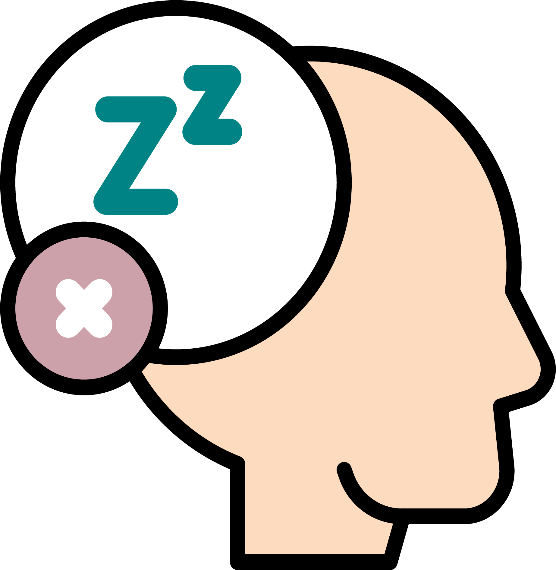 llustration of a head with a thought bubble containing “Zzz” and a crossed-out symbol, representing insomnia and sleep challenges