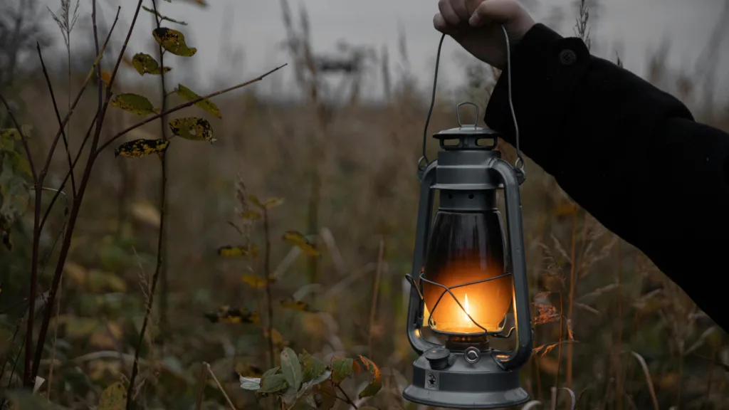Person holding a lantern in a dark field, symbolizing finding clarity and truth in confusing or manipulative situations